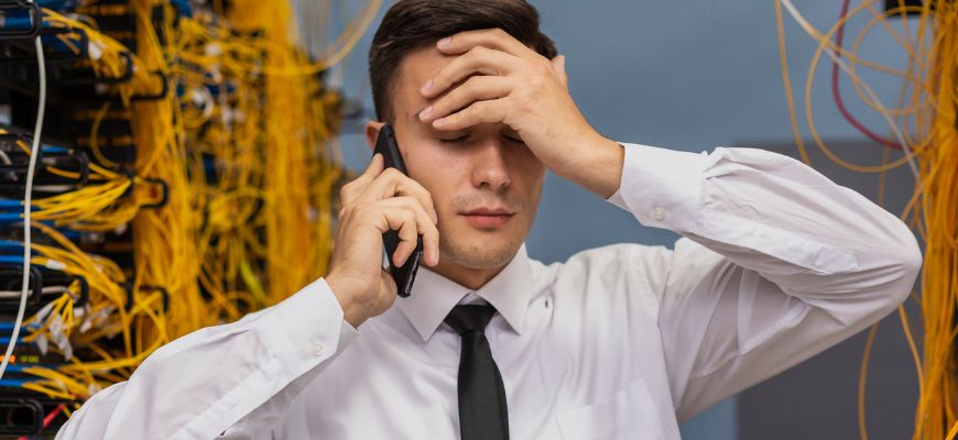 Engenheiro elétrico falando ao telefone tentando resolver problemas elétricos causados por interferências eletromagnéticas.