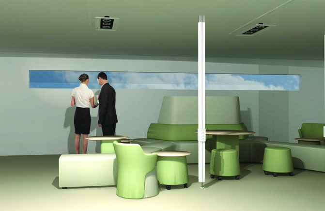 Ilustrações da coluna articulada em diferentes ambientes (escritórios, auditórios, etc.)