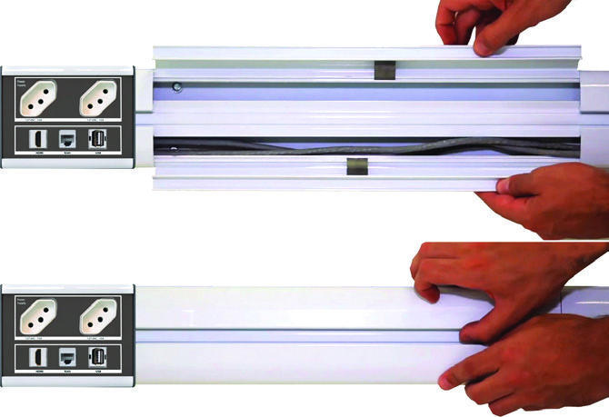 canaleta frog com tampa aberta e fechada sendo instalada