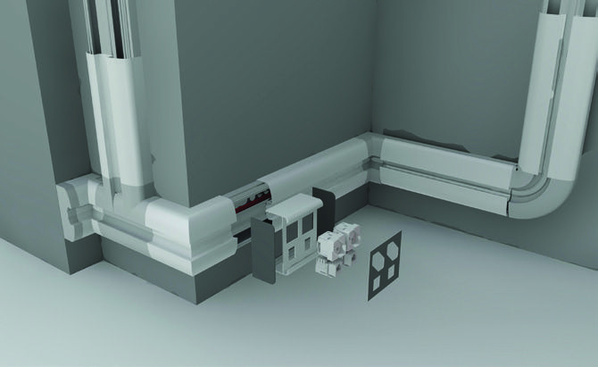 vista isométrica da canaleta Frog com tomadas e conexões.