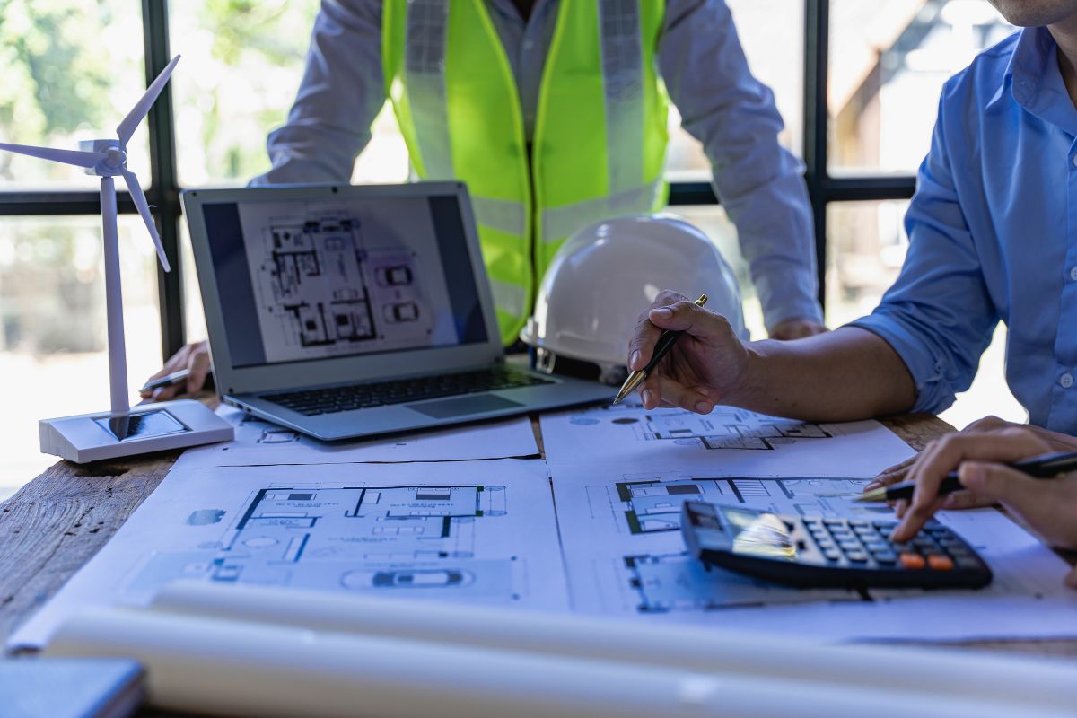 Arquitetos e engenheiros apontam para edifícios em plantas e usam laptops para desenhar projetos de casas em um escritório de conceito de construção